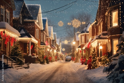 A snowy street  adorned with Christmas lights  under a night sky.