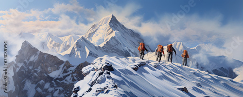 A group of tourists climbing on the mountains. generative ai photo
