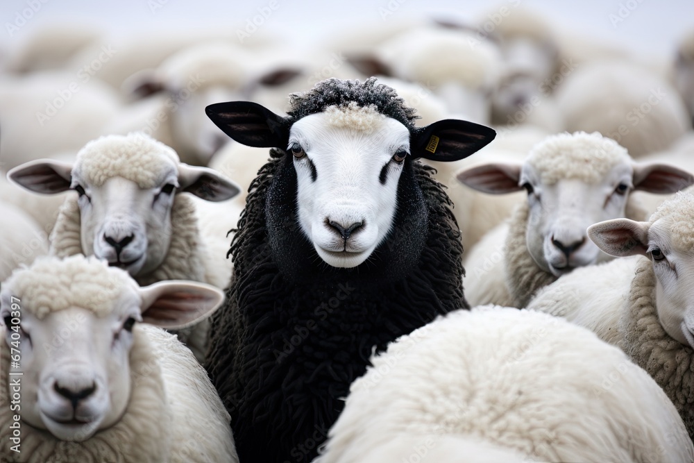 A black sheep stands out in a flock of white sheep.
