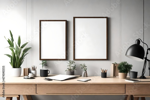 Interior mock-up of a frame. A beautiful workspace. mock-up of a picture frame