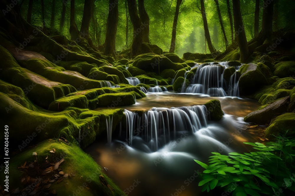 Long exposure panorama of little waterfalls flowing into a tiny pond in a lush woodland