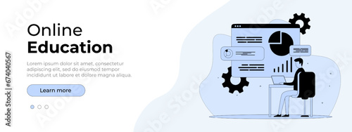 Online education concept. Vector layout for website page. Illustration in flat style with people studying remotely. Students learning online at home. Vector illustration EPS 10