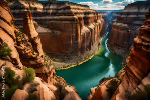 Majestic canyon with layers of vibrant rock formations, towering cliffs, and rushing rivers