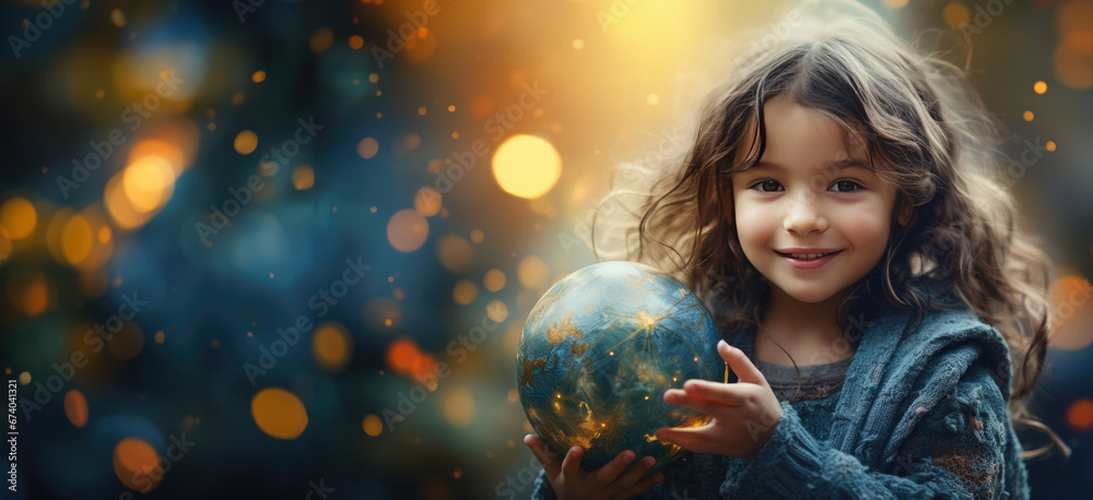 Naklejka premium A small girl hugs a replica of the planet Earth.&nbsp;World Children's Day&nbsp;concept. Generative Ai.