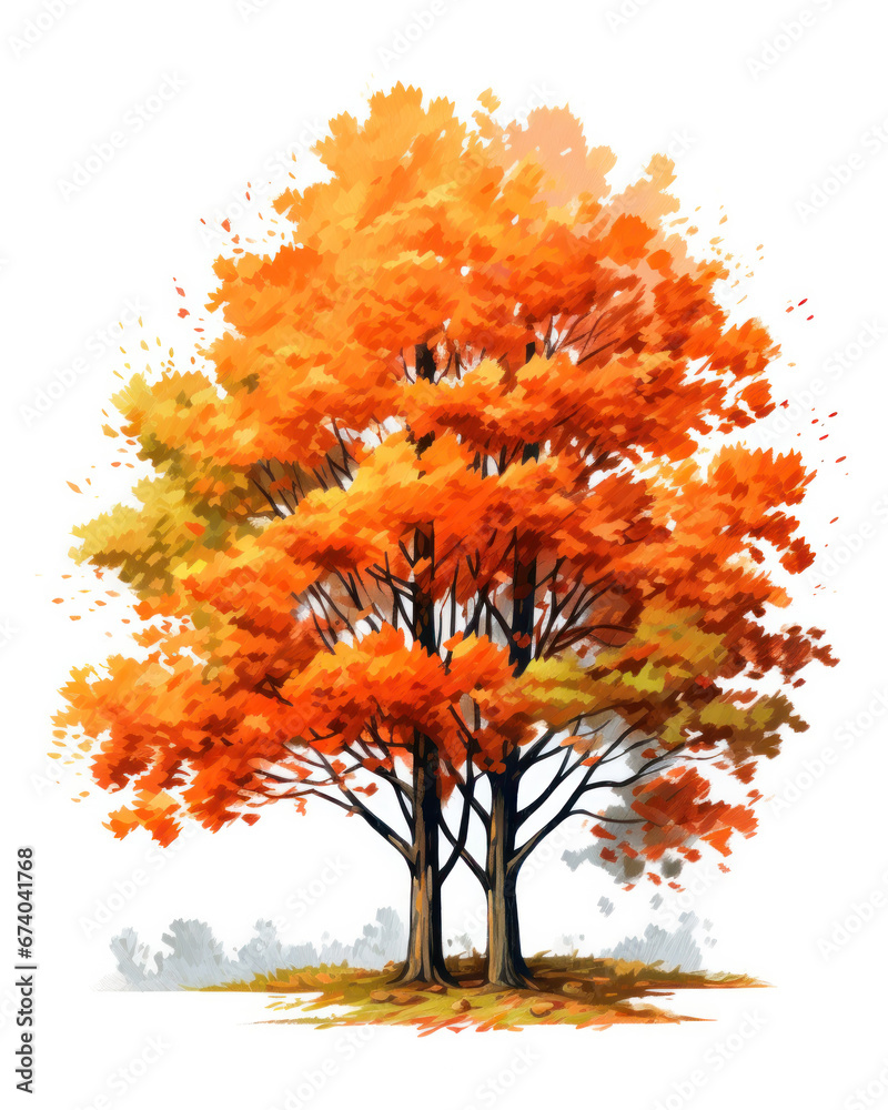 autumn trees, 2d design, white background.