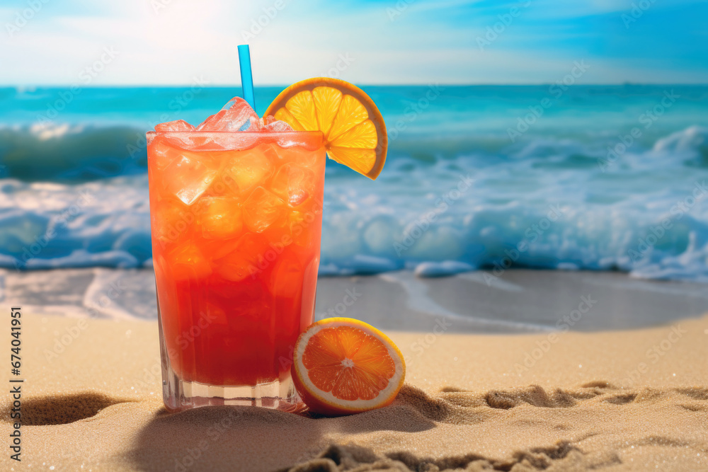 Obraz premium Orange cold cocktail on sandy beach against blue water background. Tropical beverage with citrus slices and ice cubes in soft sunny light. Sea vacation and travel concept
