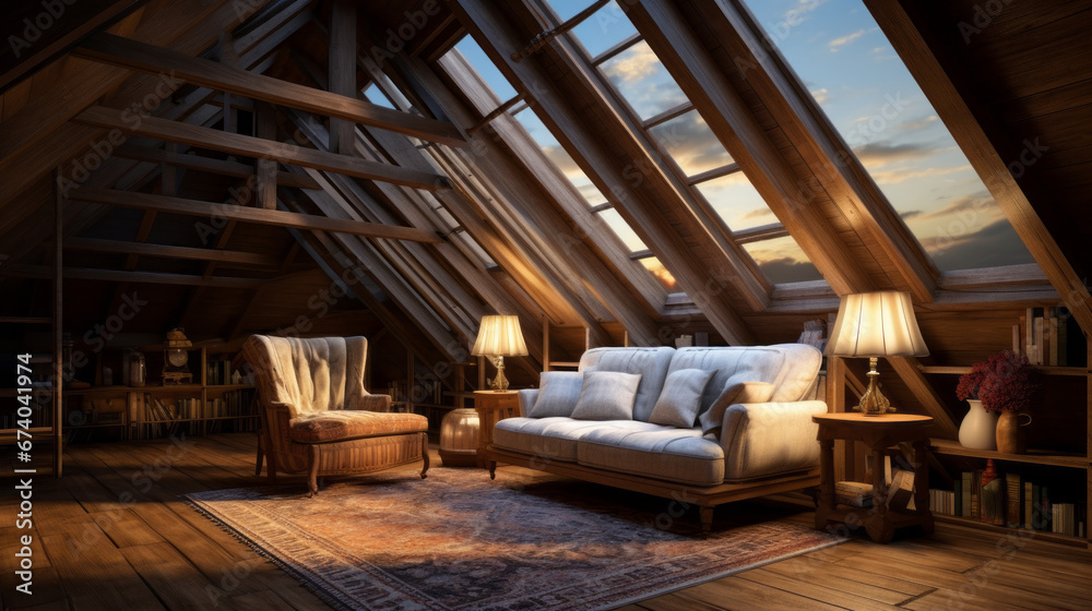 An attic with exposed beams and a skylight offers a cozy retreat with a plush armchair and ottoman