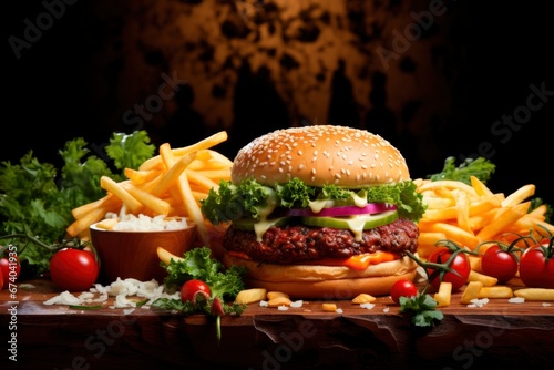 hearty goodness of fast food with set  plush hamburger pairs wonderfully a zesty bar-b-q dip and crispy french fries.