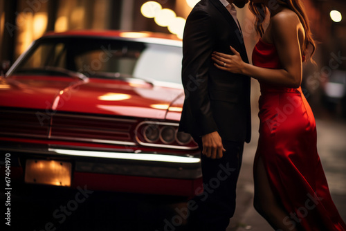 Sexy elegant couple in tender passion near the car