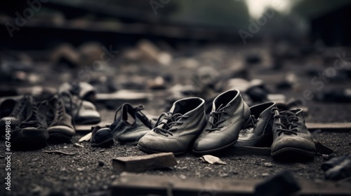 A pile of shoes on the ground, the symbol of Holocaust memory, AI