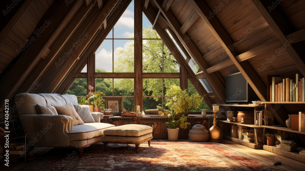 An attic with exposed beams and a skylight offers a cozy retreat with a plush armchair and ottoman An attic with exposed beams and a skylight offers a cozy retreat with a plush armchair and ottoman