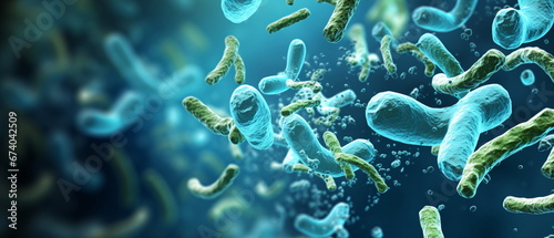 close up of Probiotic bacteria biology science microscopic medicine digestion stomach microscopic. microbes molecules virus bacteria medicine concept Generative ai