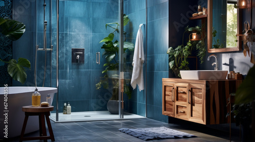 an eclectic bathroom with a glass shower stall and a wooden vanity and blue tile accents photo