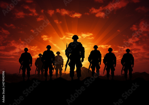 Silhouettes of soldiers at sunset with a sunset background © mahamudul