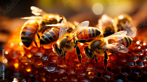 Nature's Sweet Bounty: Close-Up of Beehive Frame Laden with Honeycombs. Generative AI. © Ramon