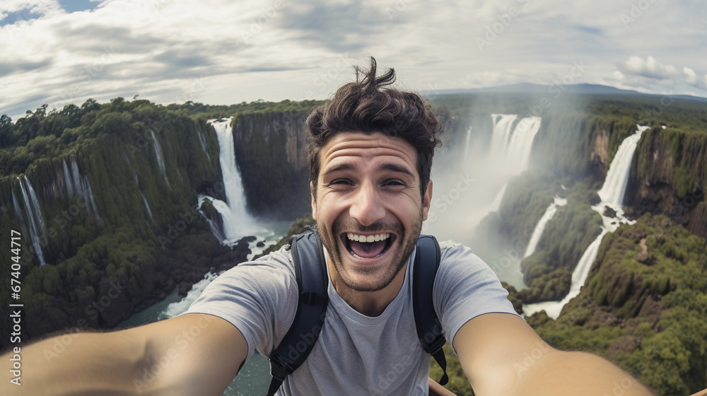 Excited tourist in mountains taking self portrait with waterfall in background on vacation trip. Man doing selfie traveling abroad to Island