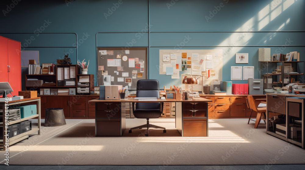 an eclectic office with a metal desk and a wall of filing cabinets and a rug on the floor an eclectic office with a metal desk and a wall of filing cabinets and a rug on the floor