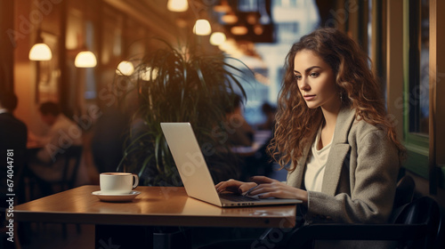 Person working on laptop in cafe. Coworking space with beautiful interior. Beautiful brunette business woman using computer at restaurant with plants.