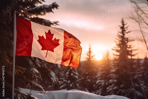 beautiful canadian flag in the cold winter
