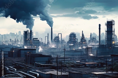Smoke ascends from factory pipes, painting a grim portrait of industrial pollution.
