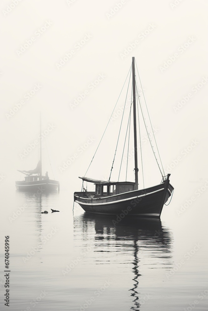 white and black,old fishing boat on the serene sea