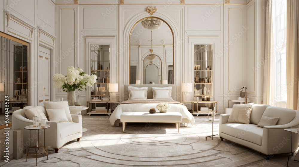 an elegant bedroom with a large four-poster bed and a cream-colored rug and a white vanity with a gold-framed mirror an elegant bedroom with a large four-poster bed and a cream-colored rug and a white vanity with a gold-framed mirror