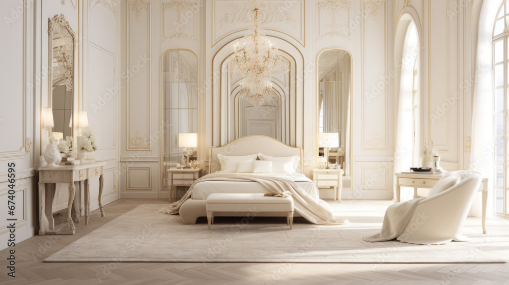 an elegant bedroom with a large four-poster bed and a cream-colored rug and a white vanity with a gold-framed mirror an elegant bedroom with a large four-poster bed and a cream-colored rug and a white vanity with a gold-framed mirror