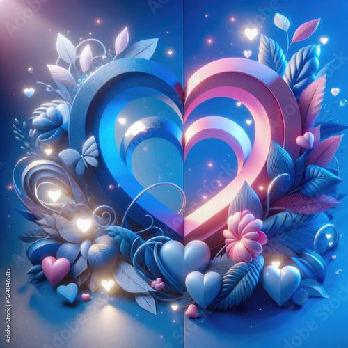 Valentine's Day Heart Shape and Floral Illustration in Enchanted Blue and Pink Palette