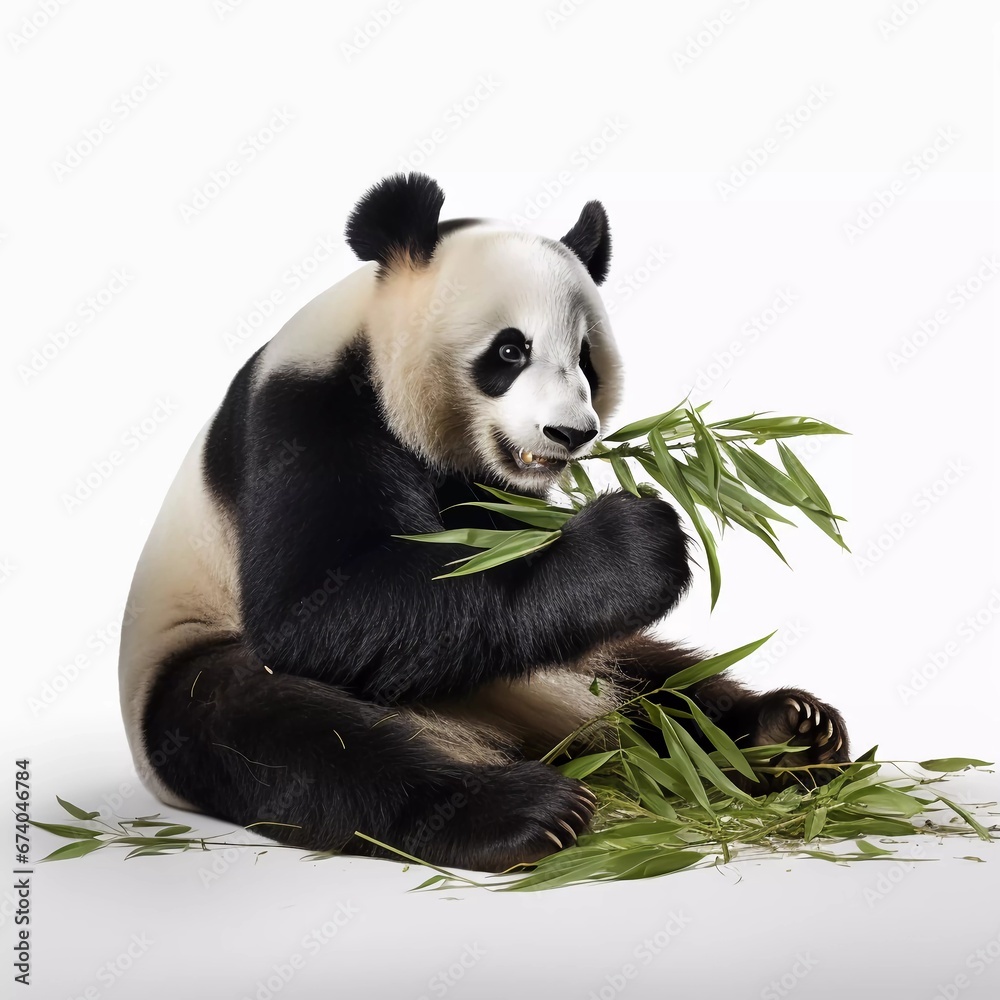 a panda eating bamboo on an isolated white background a panda eating bamboo on an isolated white background