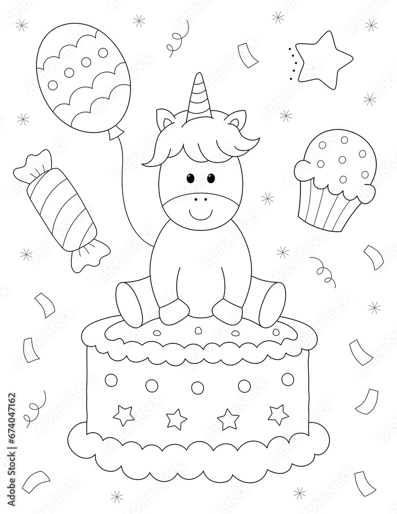 unicorn birthday cake coloring page for kids. you can print it on