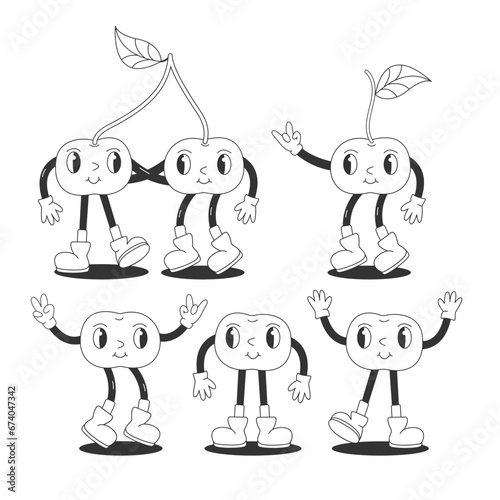 Coloring Page with Funny Retro Groovy Cartoon Hippie Berry Character. Comic Cherries Set. Groovy Summer Vector Illustration. 90s Sweet Juicy Fresh Fruits