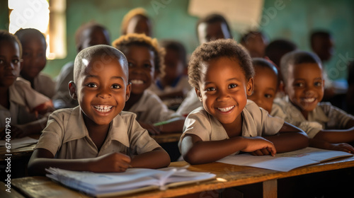 dark-skinned African student at a desk in a school class raises his hand, child, smart kid, children, study, learning, classroom, knowledge, lesson, pupil, boy, girl, team, friends, smile, portrait