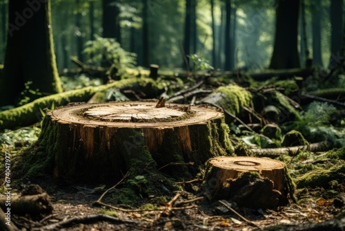 .multiple tree stumps are left in the forest.