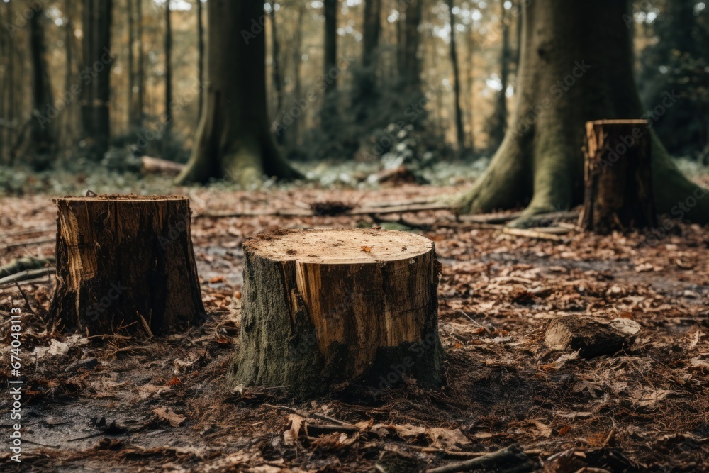 .multiple tree stumps are left in the forest. .multiple tree stumps are left in the forest.