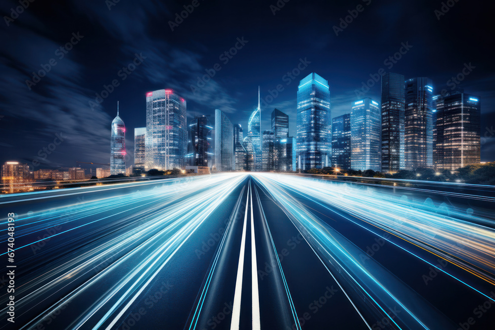 Light trails lead into a bustling metropolis skyline at night, showcasing the dynamic pulse of city life