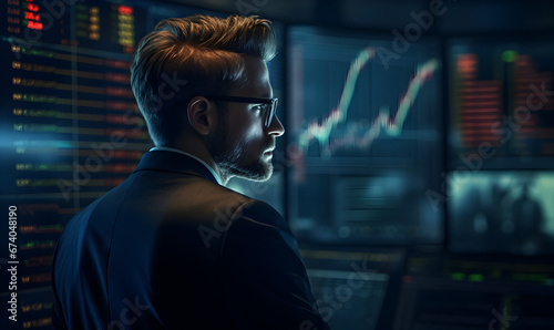 laptop monitor, finance market graphs, marketing statistics, businessman strategy, Panoramic abstract backdrop, Investment finance chart, Trade chart exchange background