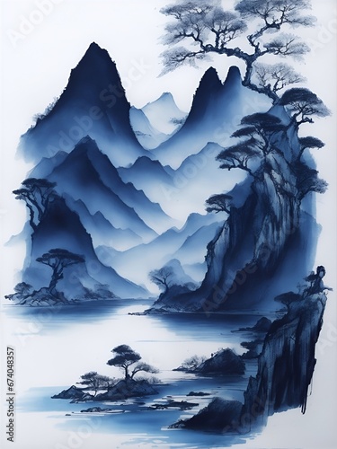 Mountains landscape. Ink asian style painting. AI generaed illustration photo