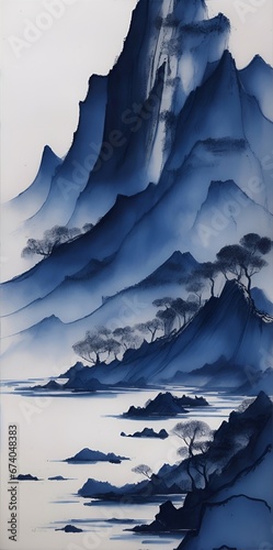 Mountains landscape. Ink asian style painting. AI generaed illustration photo