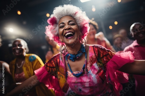 elderly woman in pink shirt dancing with her friends.