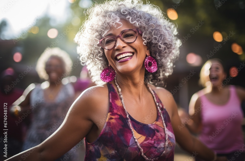 elderly woman in pink shirt dancing with her friends. elderly woman in pink shirt dancing with her friends.