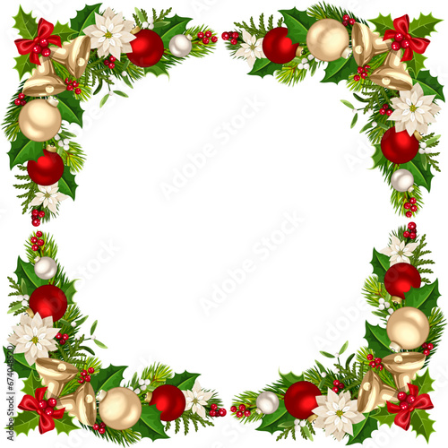 Christmas frame with green fir branches  Christmas bells  balls  poinsettia flowers  holly  and mistletoe. Vector Christmas border