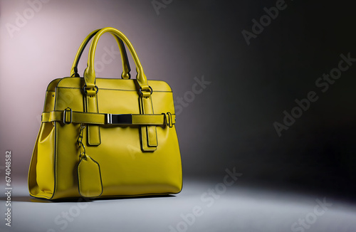 Trendy yellow leather women's handbag. Copy space