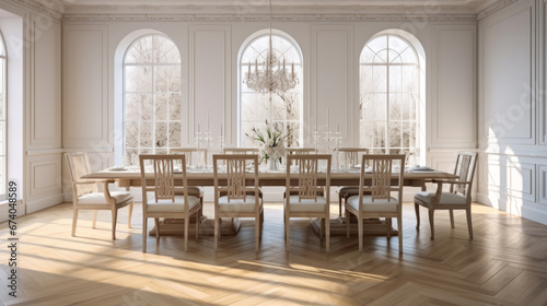 an elegant dining room with white walls and a polished oak floor and a large crystal chandelier