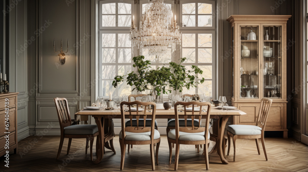 an elegant dining room with a wooden table and chairs and a buffet and a crystal chandelier