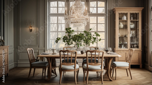 an elegant dining room with a wooden table and chairs and a buffet and a crystal chandelier © Textures & Patterns