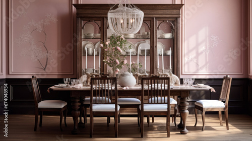 an elegant dining room with a wooden table and chairs and a buffet and a crystal chandelier