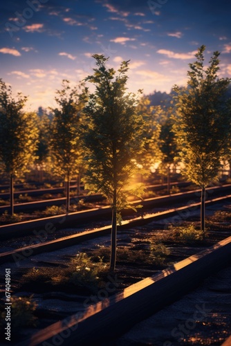 A picturesque train track with a beautiful view of trees in the foreground. This image can be used to depict a scenic journey or transportation concept.