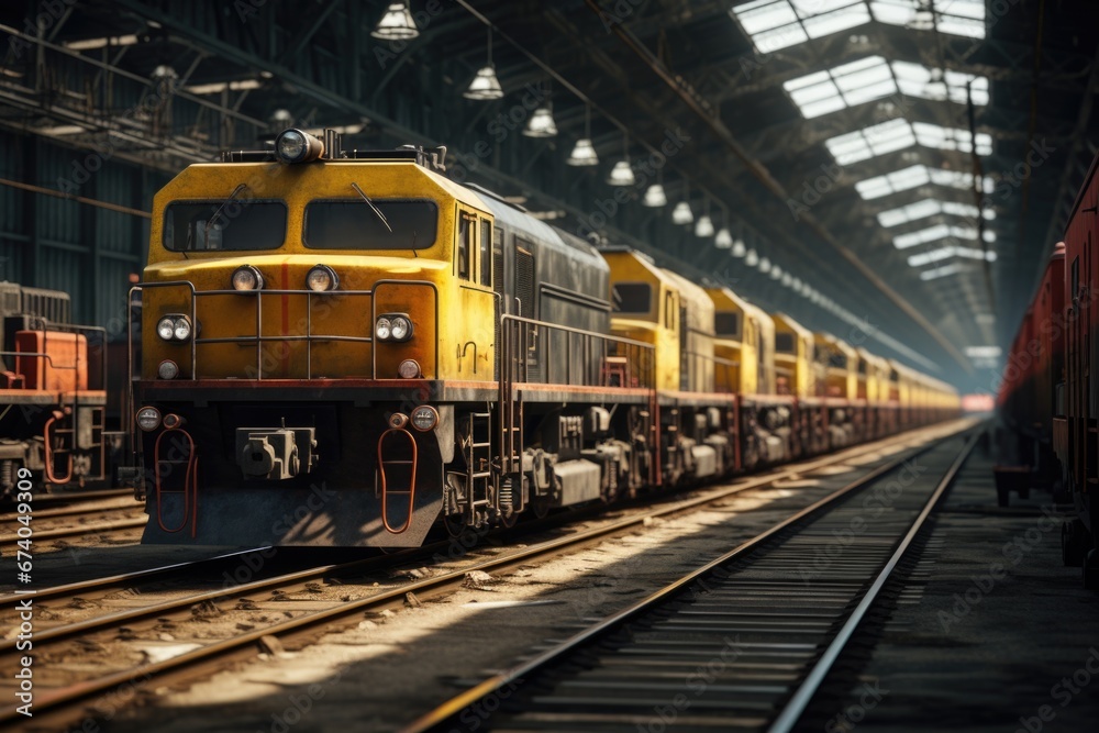A vibrant yellow and red train is seen traveling down train tracks. This image can be used to depict transportation, travel, or the railway industry.