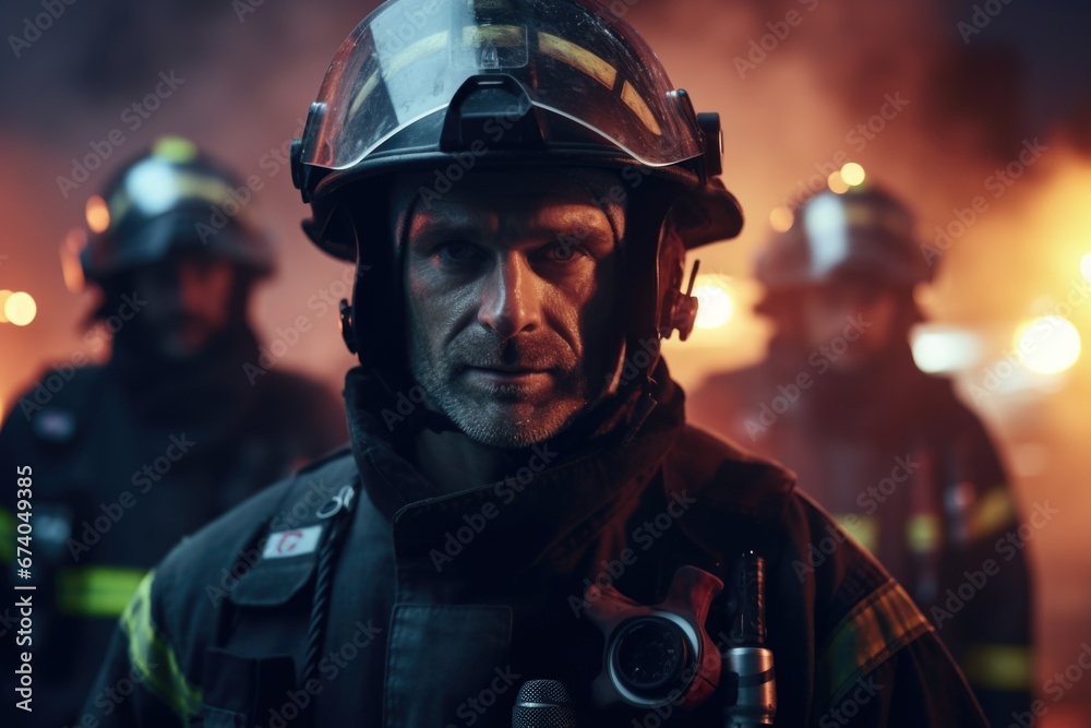 A group of firemen standing next to each other. This image can be used to depict teamwork, emergency response, or fire safety. A group of firemen standing next to each other. This image can be used to depict teamwork, emergency response, or fire safety.