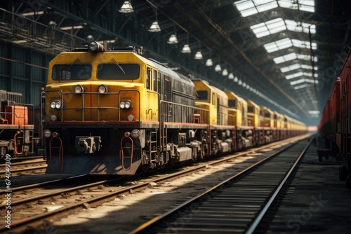 A vibrant yellow and red train is seen traveling down train tracks. This image can be used to depict transportation, travel, or the railway industry.